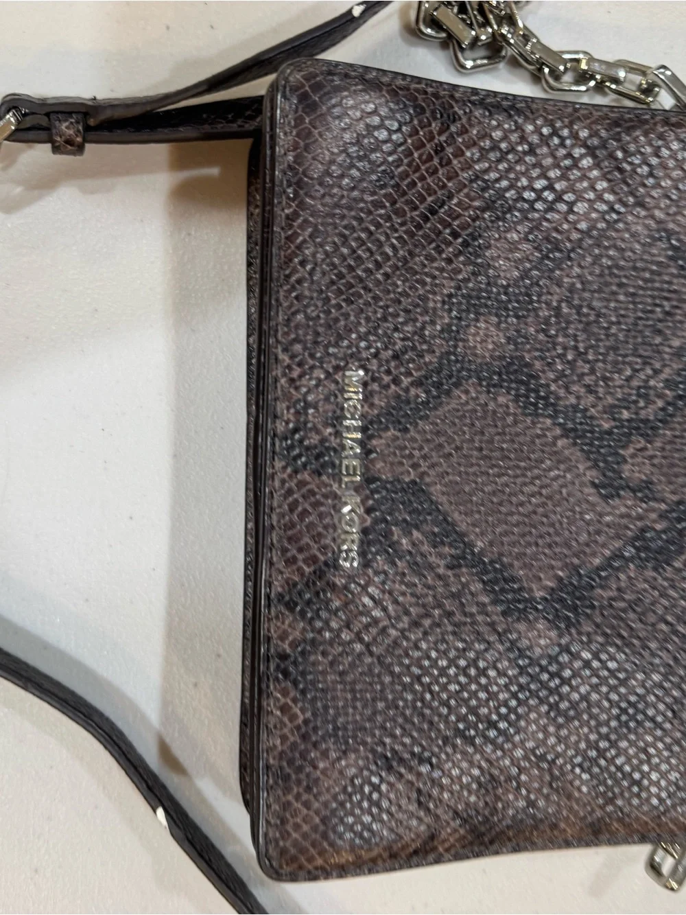 Michael Kors Dark Brown Snake-Embossed Crossbody with Chain